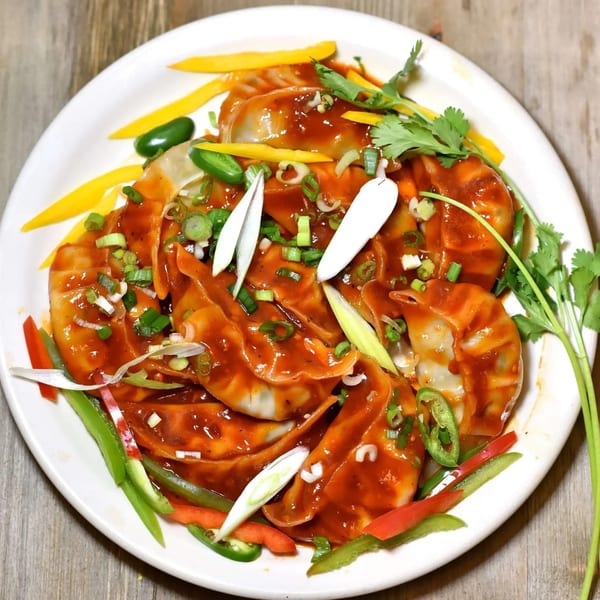 Plate of momos drenched in red sauce, garnished with green onions, bell peppers, and cilantro.