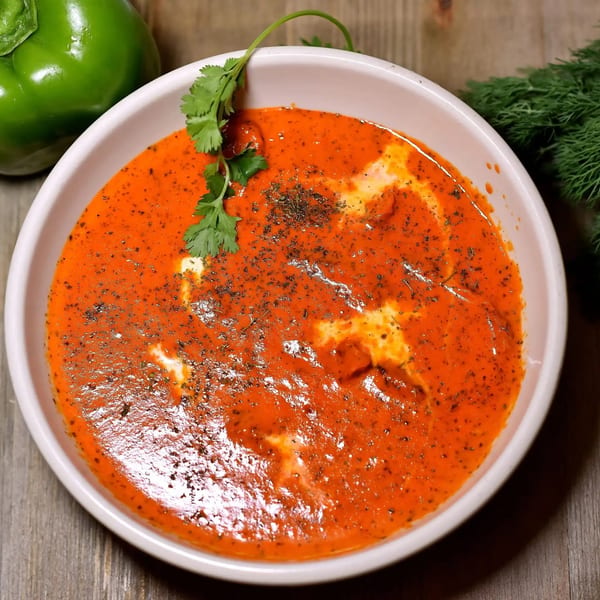 Vibrant orange butter chicken, garnished with fresh cilantro and spices, in a white bowl.