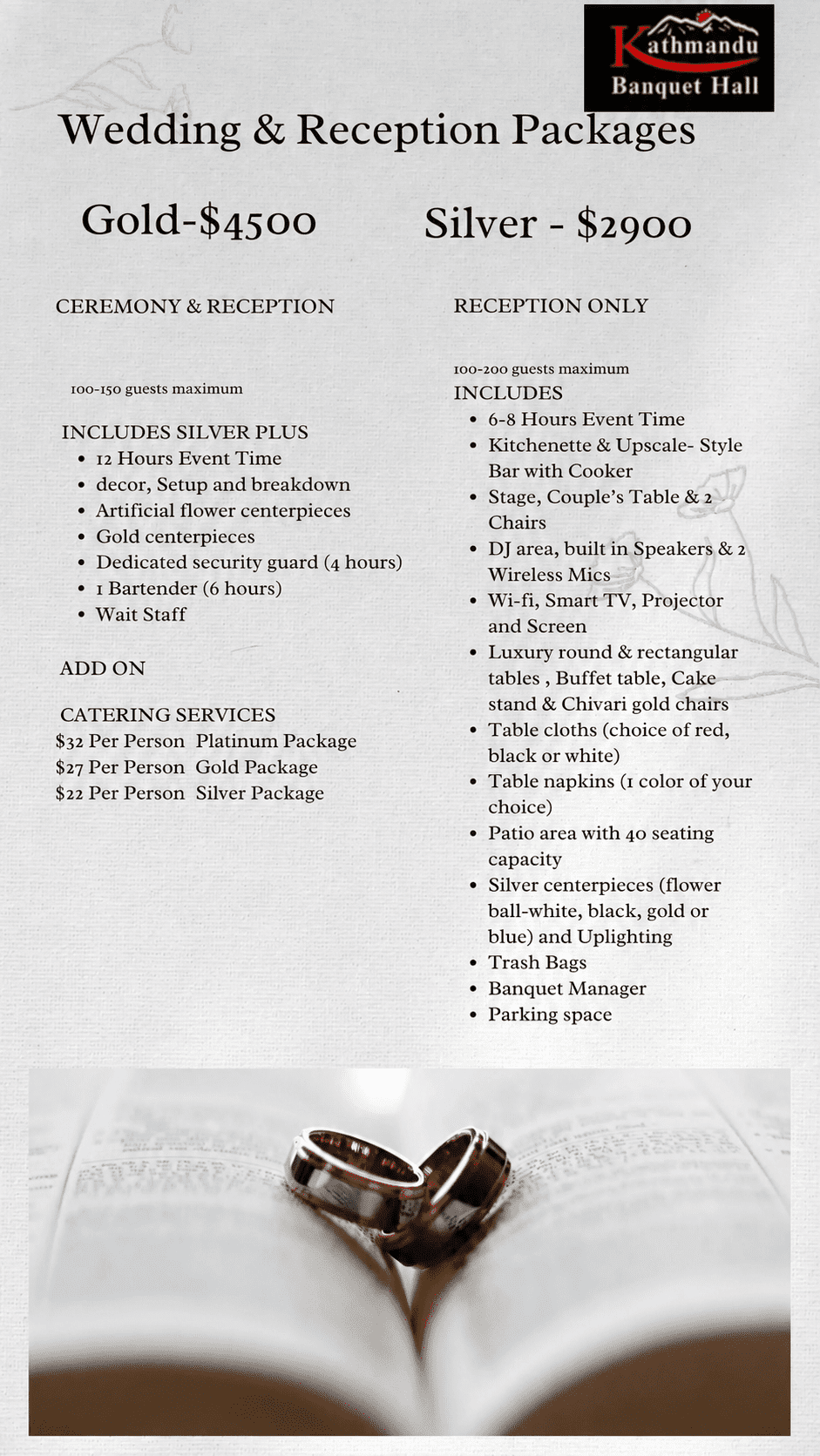 Wedding package options at Kathmandu Banquet Hall with pricing and service details.